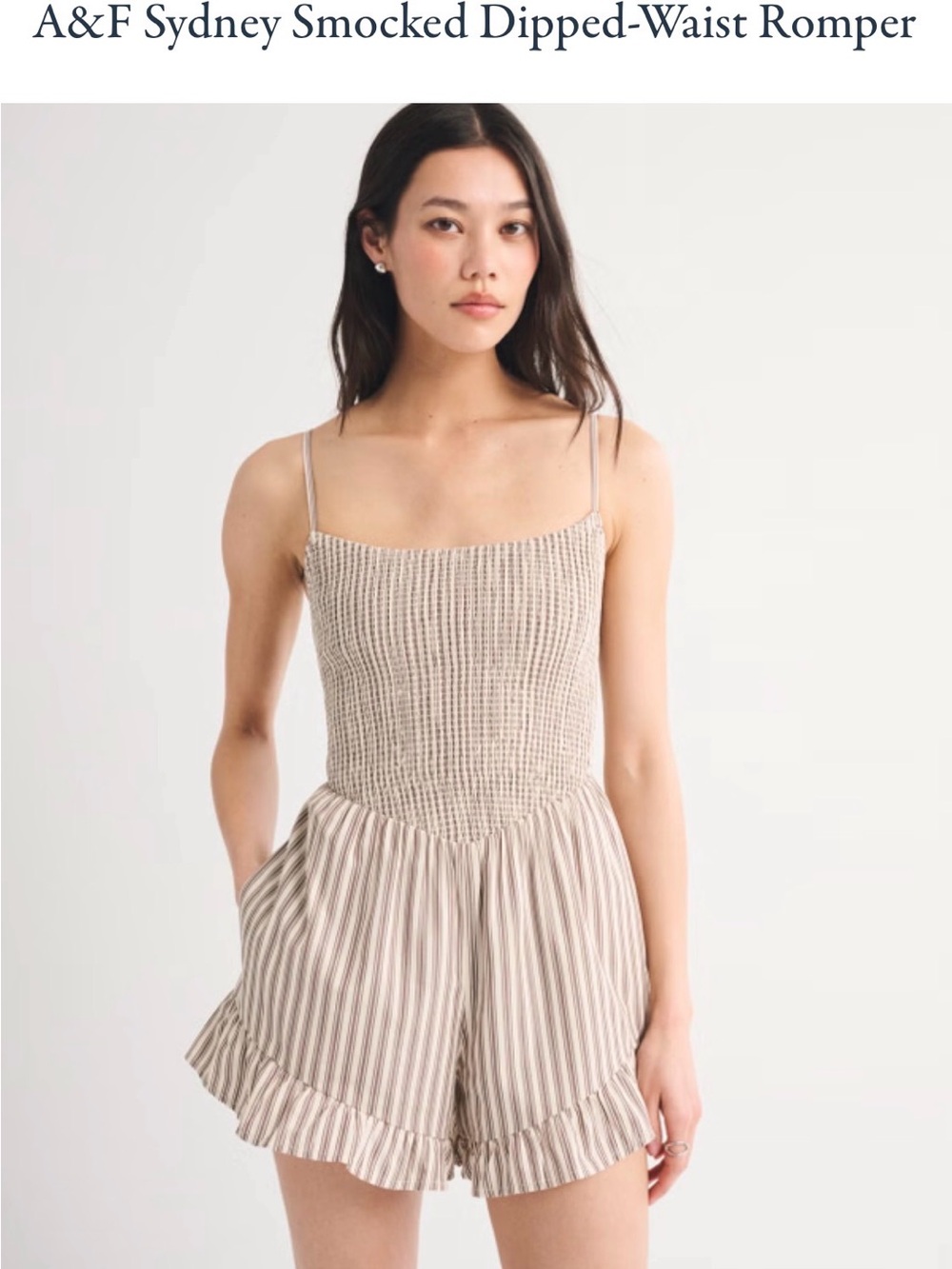 Abercrombie and Fitch Smocked Dipped-Waist Romper in Beige Stripe